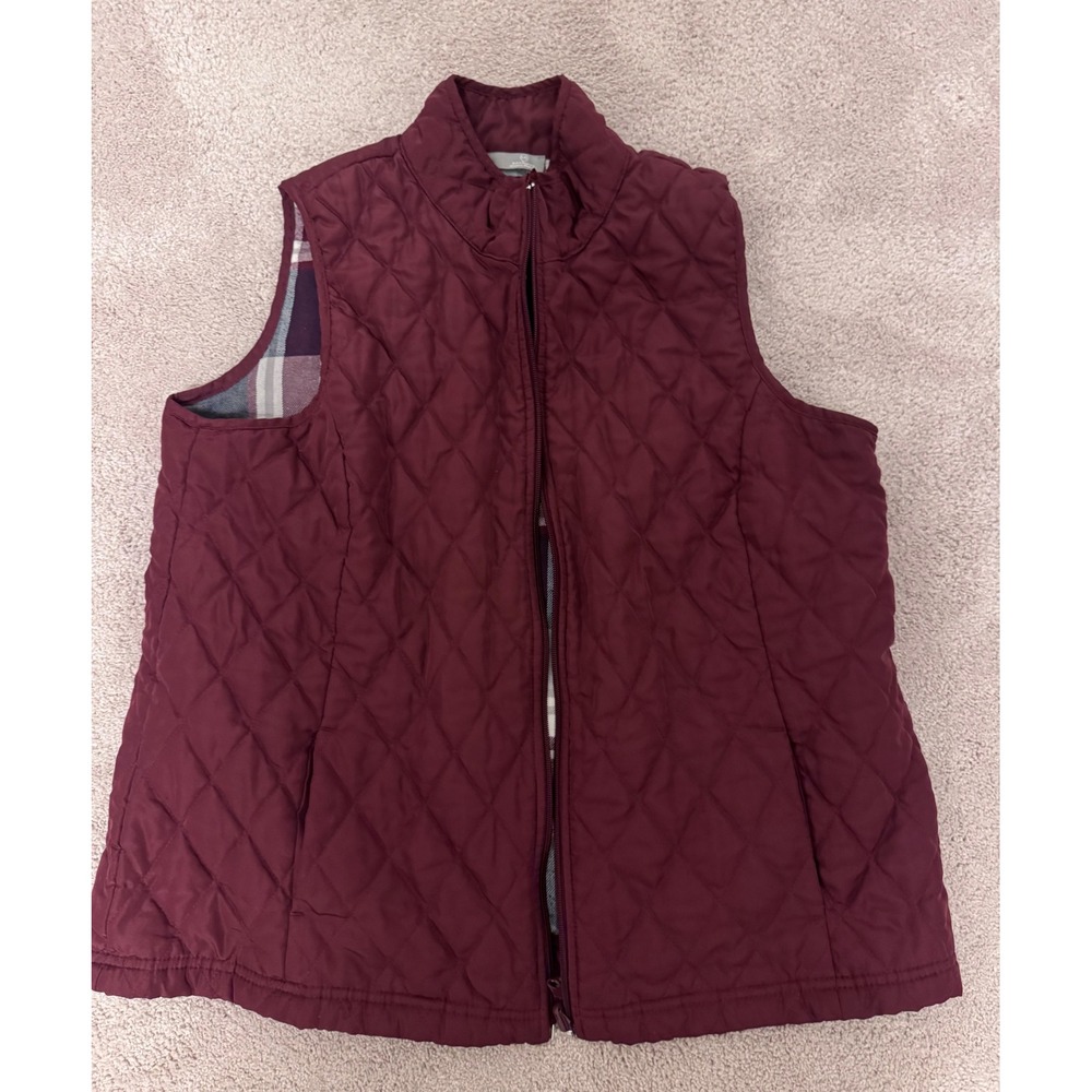 Lee Riders Womens Quilted Vest Burgundy Red Plaid Flannel Lined Full Zip Large